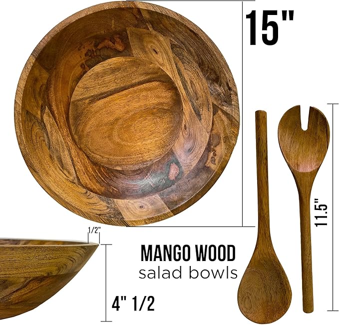 Extra Large Wooden Salad Bowl 15" with Serving Utensils | Oversized Mango Wood Salad Bowl for Big Family Meals | Large Wood Serving Bowl for Salad, Pasta, Popcorn | Handcrafted Wooden Salad Set