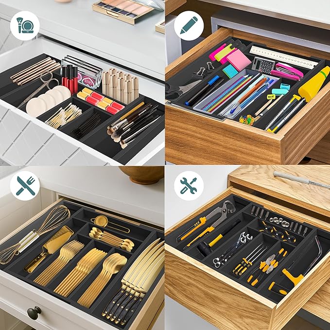Sben Expandable Drawer Organizer for Utensils Holder, Adjustable Cutlery Tray, Wood Drawer Dividers Organizer for Silverware, Flatware, Knives for Kitchen (Black)