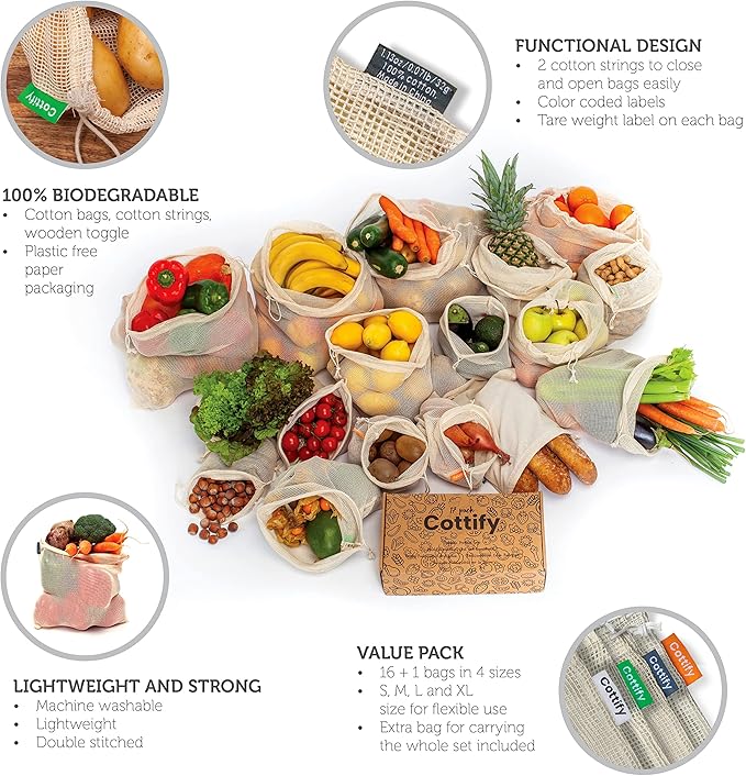 17 Reusable Cotton Mesh Produce Bags - 100% Organic Cotton, Durable, Double Stitched, Washable with Tare Weight & Drawstring - Mesh Bags for Grocery Shopping, Vegetables & Fruits, produce bgs 4 sizes