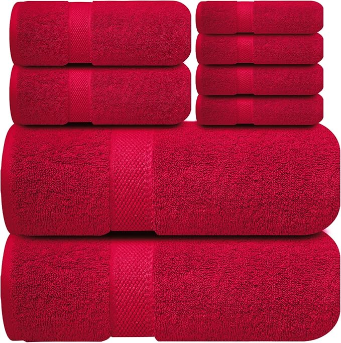 Infinitee Xclusives Luxury 100% Cotton Towel Set – 8 Piece Bathroom Towel Set (2 Bath Towels, 2 Hand Towels, 4 Washcloths) – Soft & Absorbent Towels for Bathroom (Intimate Red)