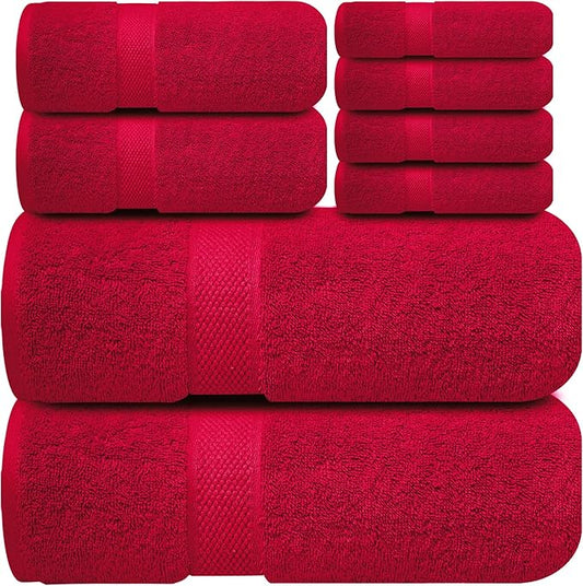 Infinitee Xclusives Luxury 100% Cotton Towel Set – 8 Piece Bathroom Towel Set (2 Bath Towels, 2 Hand Towels, 4 Washcloths) – Soft & Absorbent Towels for Bathroom (Intimate Red)