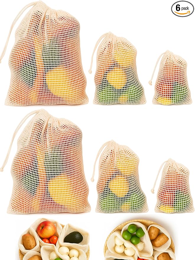 Premium Organic Reusable Mesh Produce Bags, Pack of 6(2L+2M+2S) Washable Mesh bags for Vegetables, Durable, Double Stitched Produce Bags, Machine Washable - Beige
