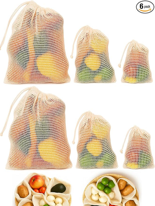 Premium Organic Reusable Mesh Produce Bags, Pack of 6(2L+2M+2S) Washable Mesh bags for Vegetables, Durable, Double Stitched Produce Bags, Machine Washable - Beige