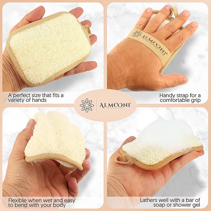 Almooni Premium Egyptian Exfoliating Loofah Pad Body Scrubber - Rectangular loofa Shape - Made with Natural Egyptian Shower lufa Sponge That Gets You Clean, Not Just Spreading Soap (2 Pack)