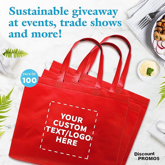 DISCOUNT PROMOS Custom Jumbo Sized Tote Bags Set of 100, Personalized Bulk Pack - Reusable Grocery Bags, Shopping Bags, Promotional Item Totes for Women - Red