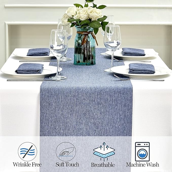 Mebakuk Linen Farmhouse Table Runner Large Burlap Style Soft and Waterproof Decorative Fabric Runner for Outdoor Wedding and Dinner (14 x 108 Inch, Denim Blue)