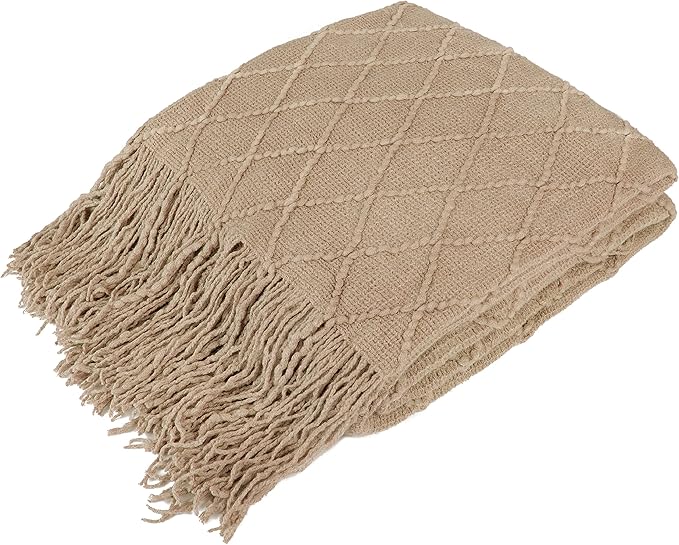 PAVILIA Tan Taupe Knit Throw Blanket for Couch, Twin Bed, Soft Knitted Farmhouse Sofa Throw for Living Room, Lightweight Decorative Fall Blanket for Chair, Outdoor Textured Boho Blanket, 60x80