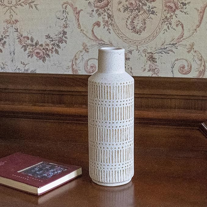 Rustic Ceramic Vase for Living Room Bedroom 11.02'' Antique White Flower Vase for Bouquet Fake Plant Home Decor Office Table Shelf Fireplace Centerpieces Retro Vintage Classic Modern