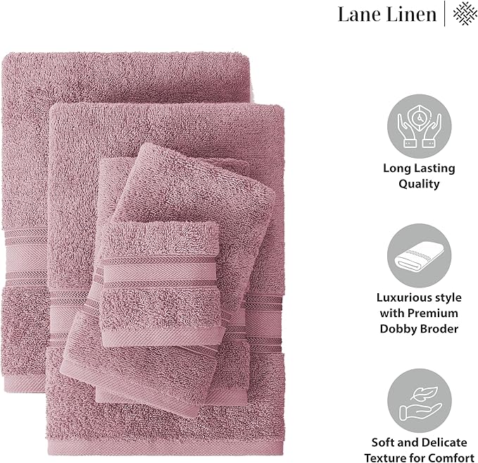 LANE LINEN Luxury Bath Towels Set - 3 Piece Set, 100% Cotton Bathroom Towels, Zero Twist, Quick Shower Towels, Absorbent Bath Towel, Soft, 1 Bath Towel, 1 Hand Towel, 1 Wash Cloths - Wishful Mauve