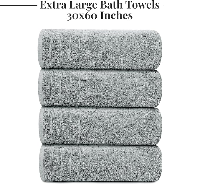 Tens Towels Pack of 4 Extra Large Bath Towels 30 x 60 Inches, 100% Cotton, Larger & Lighter Weight, Quicker to Dry, Super Soft and Absorbent, Perfect for Bathroom, Cool Grey