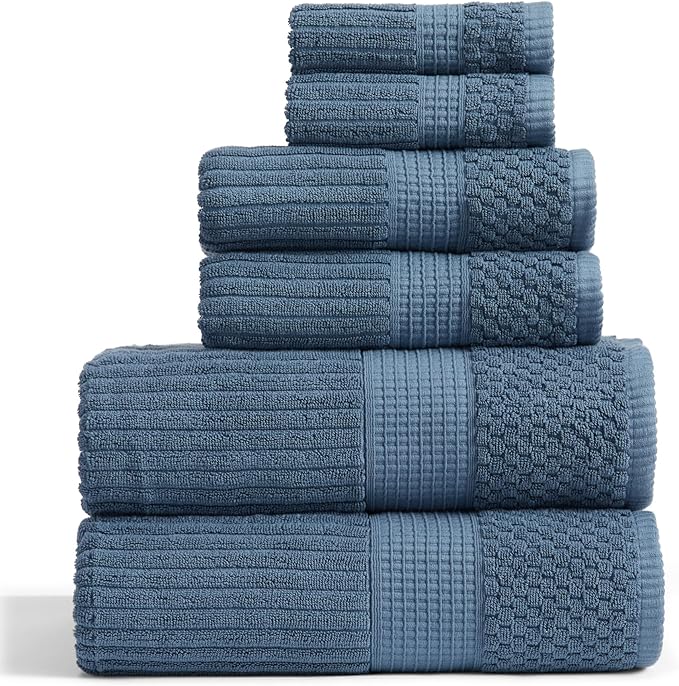 Springtree Home 100% Cotton Bath Towel Set | 6 Piece Set | Absorbent & Quick-Dry Bath Towels | Textured and Durable Cotton | Krista Collection - Oceanview