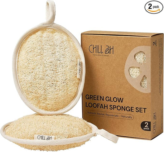 Chill Ah Green Glow All Natural Exfoliator Dual Sided Loofah Bath Sponge Set – 100% Plant-Based, dye-Free, Biodegradable, Scratch-Free, Handcrafted in Vietnam (2-Pack)