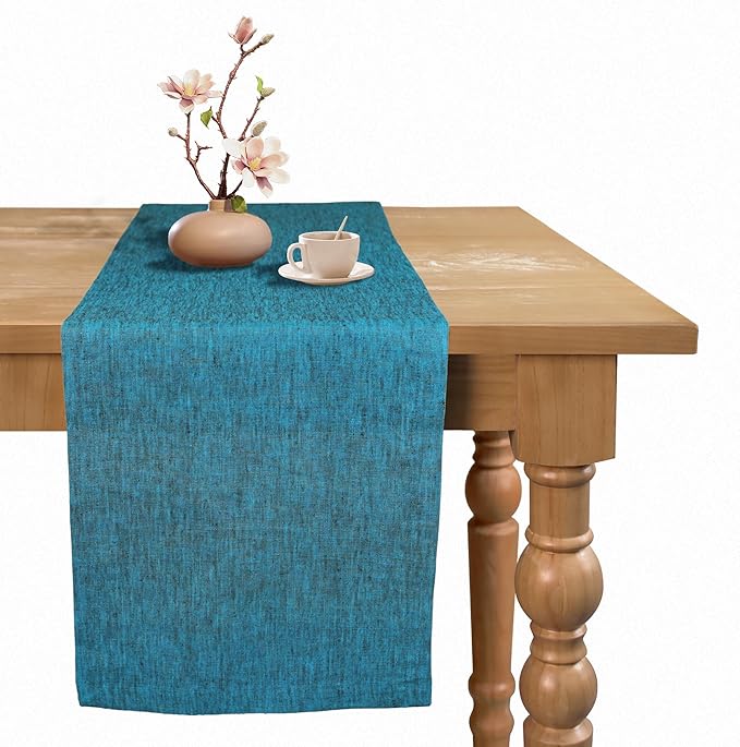 100% Pure Linen Table Runner - 14 x 90 Inch Dresser Scarf for Farmhouse Dining Table, Perfect for Fall, Thanksgiving, and Christmas -Athena -Chambray Teal
