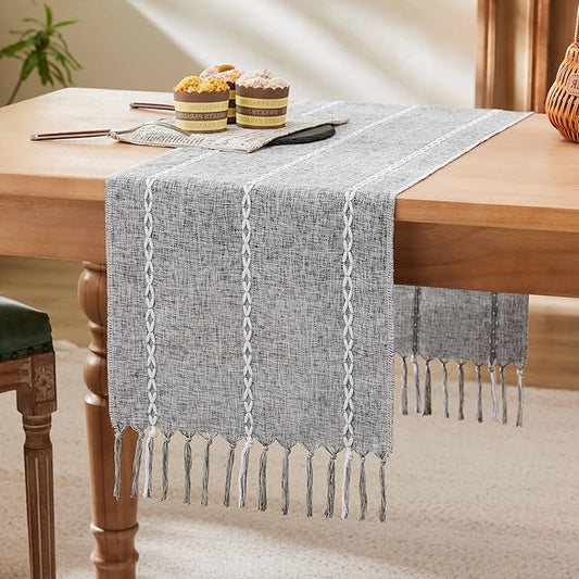 Braided Farmhouse Table Runner, Braided Charcoal 13x90 Inch, Cotton Linen Table Runners 90 Inches Long, Embroidered Striped Charcoal Boho Table Runner Rustic Home Decor