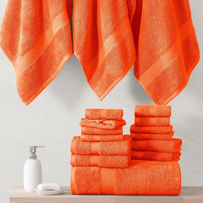 Lane Linen 100% Mercerized Cotton Bathroom Towel Set - 16 Pieces - Fluffy, Super Soft & Highly Absorbent - 4 Bath Towels, 8 Washcloths, 4 Hand Towels - RingSpun, Double Sided Cotton Terry - Tiger Lily
