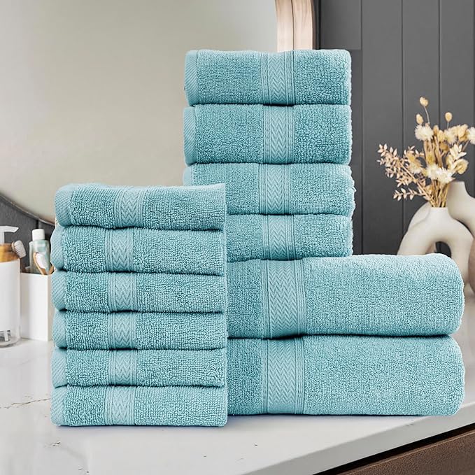 HILLFAIR 12-Piece Cotton Bath Towel Set - 600 GSM - Hotel Spa Towels - 2 Bath, 4 Hand, 6 Washcloths - Absorbent Soft Cotton - Ocean Blue