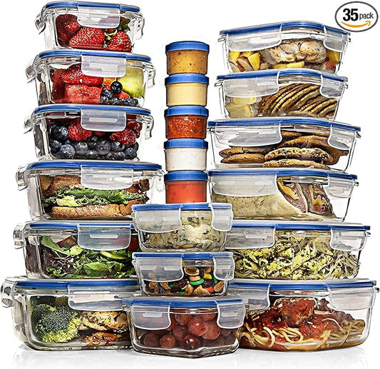 Razab 35 Pc Set Glass Food Storage Containers with Lids - Meal Prep Airtight Bento Boxes BPA-Free 100% Leak Proof (15 lids,15 glass & 5 Plastic Sauce/Dip Containers)