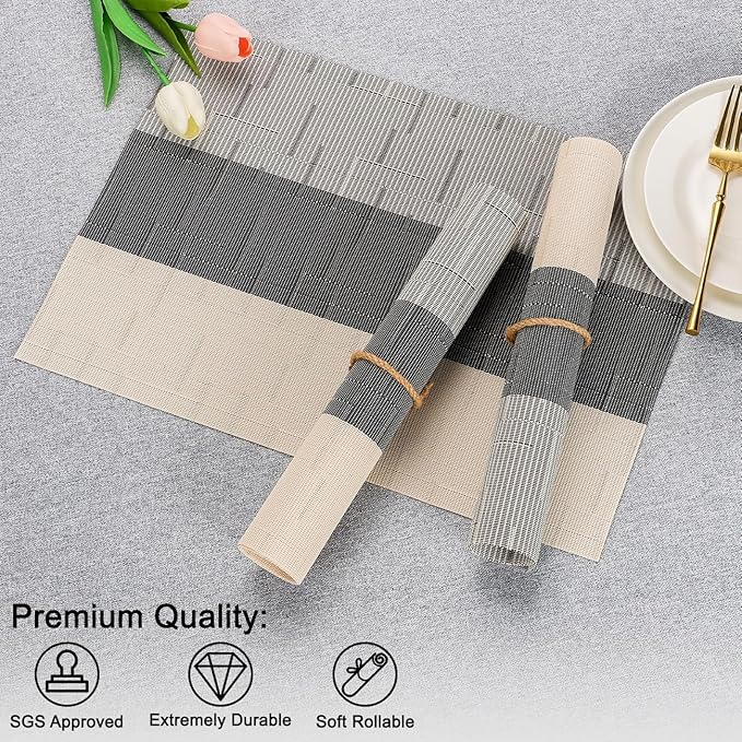 Placemats Set of 4, Vinyl Woven Place Mats Indoor Set of 4 Washable Wipeable PVC Table Mats Heat-Resistant Non Slip Placemat for Kitchen Dining Outdoor Table (Beige Dark Gray, Set of 4)