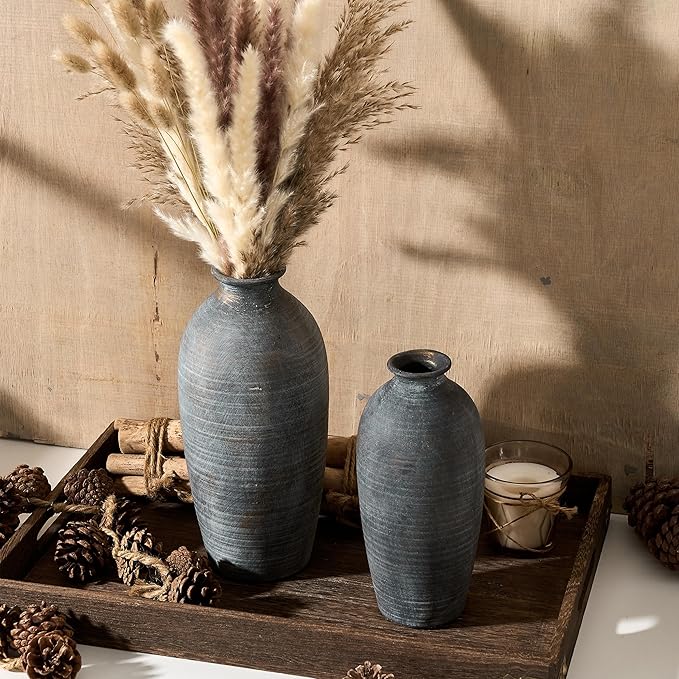 Ceramic Vases for Home Decor, Black Bronze Ceramic Vase Set of 2, Vintage Minimalist Decorative Vase for Table Centerpiece Dining Living Room Office House Nightstand Fireplace Decoration