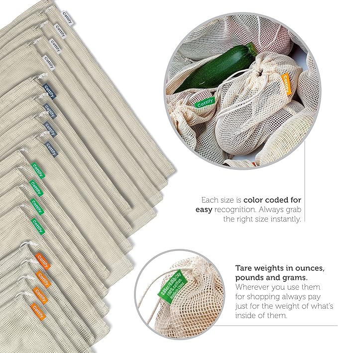 17 Reusable Cotton Mesh Produce Bags - 100% Organic Cotton, Durable, Double Stitched, Washable with Tare Weight & Drawstring - Mesh Bags for Grocery Shopping, Vegetables & Fruits, produce bgs 4 sizes