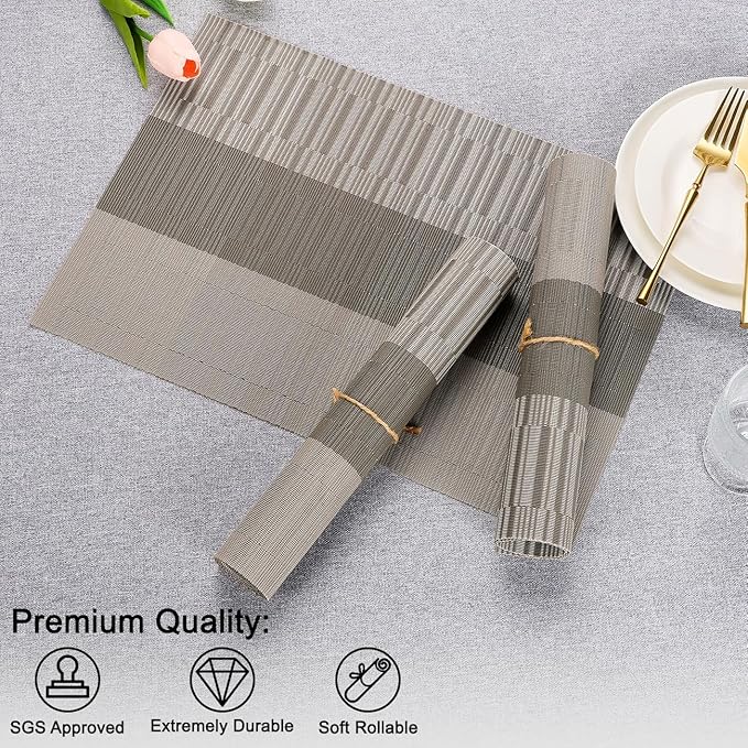 Placemats Set of 8, Vinyl Woven Place Mats Indoor Set of 8 Washable Wipeable PVC Table Mats Heat-Resistant Non Slip Placemat for Kitchen Dining Outdoor Table (Gray Dark Gray, Set of 8)