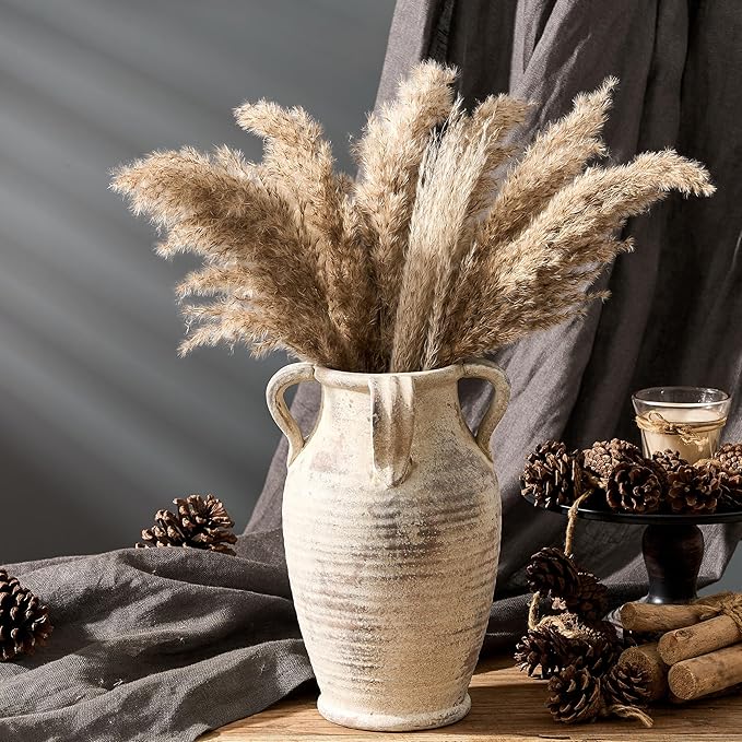 Handmade Ceramic Vase with 4 Handles, 10.83" Tall Farmhouse Rustic Terracotta Flower Vase, Vintage Vases for Home Decor, Wedding, Living Room, Table, Shelf Decor, Neutral