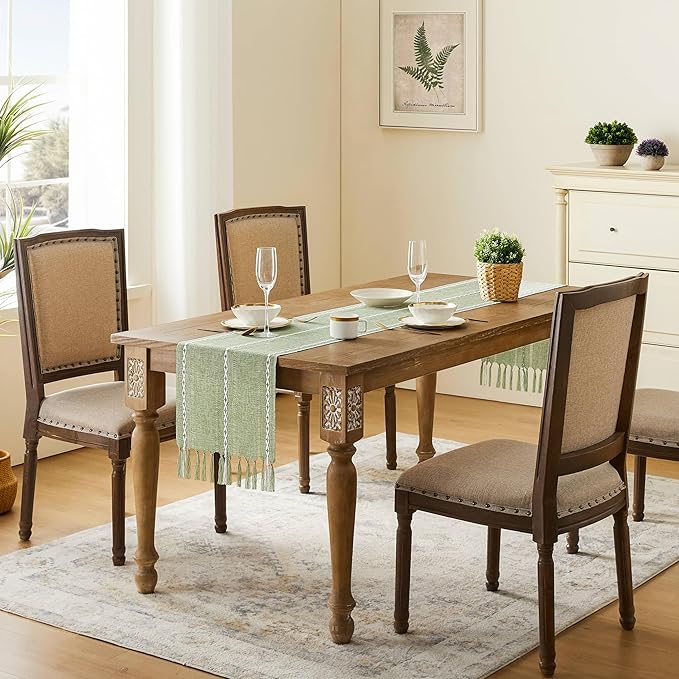 Hemstitched Farmhouse Table Runner, Sage Green 13x48 Inch, Cotton Linen Table Runners 48 Inches Long, Embroidered Striped Sage Green Boho Table Runner Rustic Home Decor