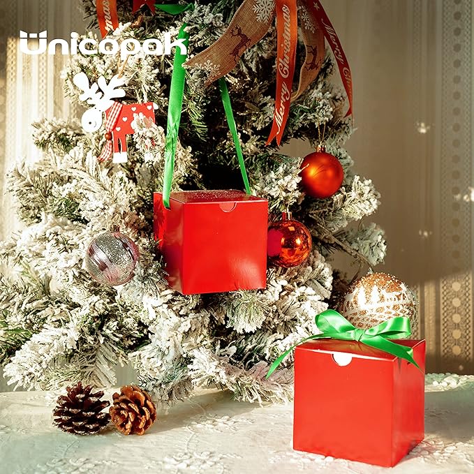 UnicoPak 50 Pack 4x4x4 Christmas Red Gift Boxes - Holiday Boxes With Lids for Presents, Ornaments, Candles, Mugs, Crafting - for Christmas Birthday, Party