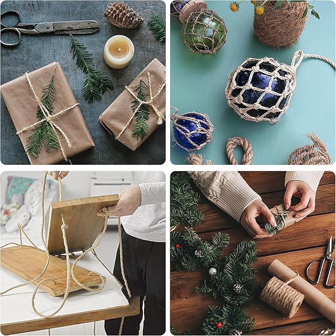 Natural Jute Twine 656ft 5mm,3Ply Twisted Thick Twine Rope Strong Jute String Roll for Crafts Gift Wrapping Gardening Home Decor Bundling Cat Scratching Post