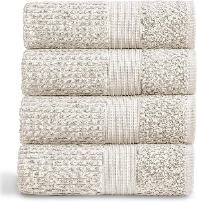 Springtree Home 100% Cotton Bath Towel Set of 4 | Super Soft & Absorbent with Quick-Dry Fibers | 4 Bath Towels |Textured and Durable Cotton | Krista Collection (Beige)
