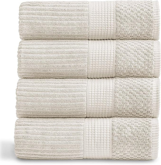 Springtree Home 100% Cotton Bath Towel Set of 4 | Super Soft & Absorbent with Quick-Dry Fibers | 4 Bath Towels |Textured and Durable Cotton | Krista Collection (Beige)