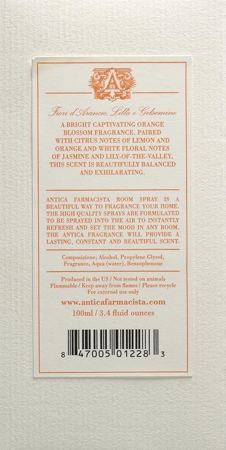 Antica Farmacista Room Spray - Orange Blossom, Lilac and Jasmine, 3.4 Fl Oz (Pack of 1)