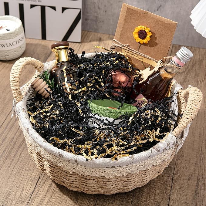 Mefleet 2 LB Crinkle Cut Paper Shred Filler Black & Gold Crinkle Shredded Paper for Gift Box - Gift Basket Bag Filler - Grass Cushion Stuffing for Christmas Holiday Packaging Wrapping