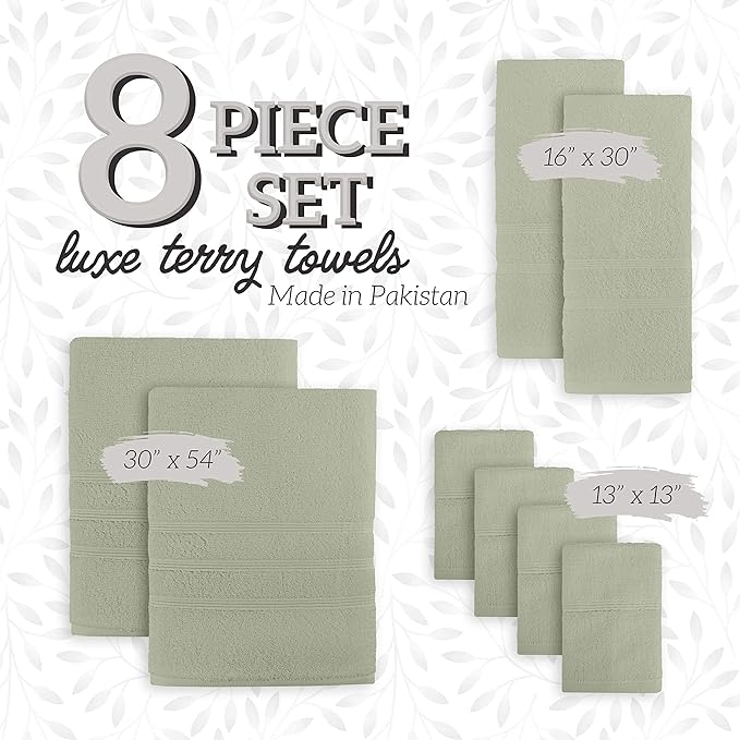 Luxury 8-Piece 100% American Combed Cotton Towel Set Includes 2 Extra Large Bath Towels, 2 Hand Towels, and 4 Washcloths Ringspun Cotton is Extra Absorbent and Super Soft (Green)