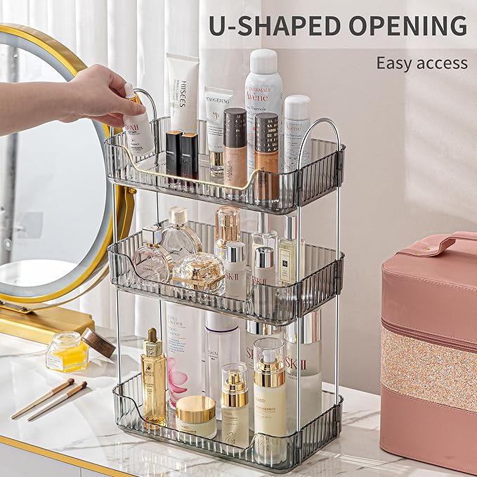 3 Tier Bathroom Organizer Countertop Makeup Perfume Tray Skincare Organizer for Bathroom Dresser Vanity (Grey)