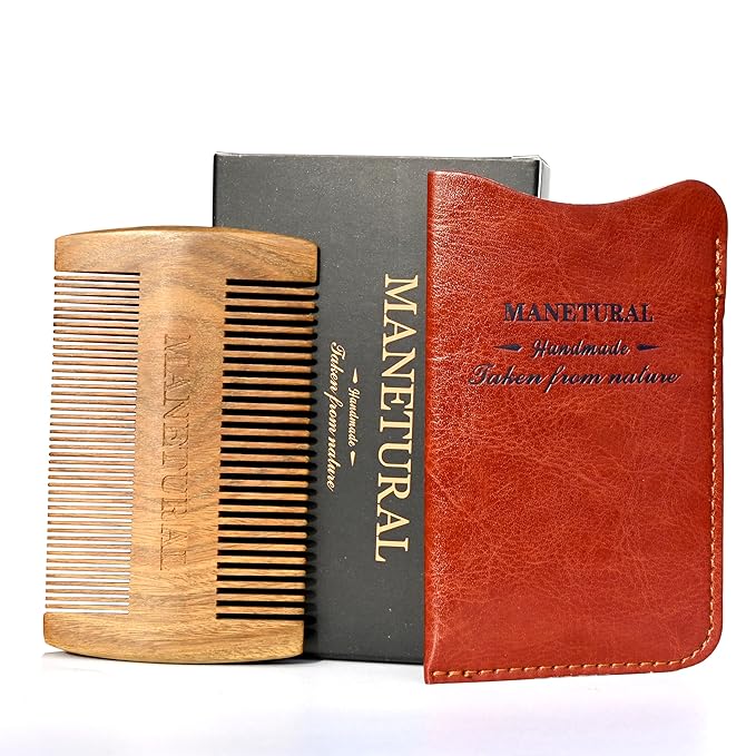 Premium Sandalwood Dual-Action Comb - Double-Tooth Design for Men's Fine & Wide Hair, Mustache Comb, Protective PU Leather Case