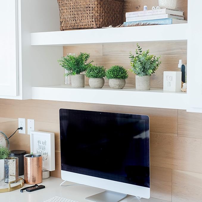 Artificial Plants for Home Decor Indoor. 4 Mini Plants, Rosemary Faux Plant Decor, Eucalyptus Plant, Grass Plants. Small Fake Shelf or Desk Greenery Décor