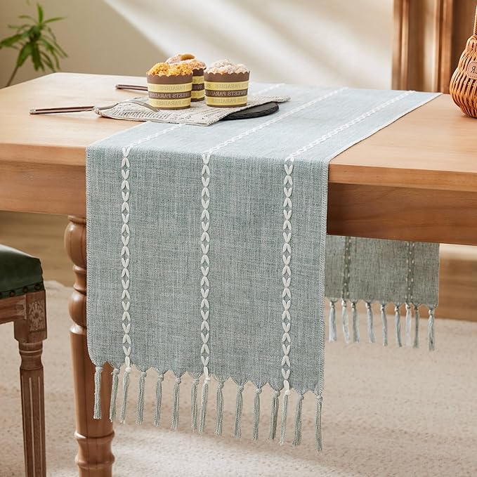 Braided Farmhouse Table Runner,Braided Dusty Blue 13x48 Inch, Cotton Linen Table Runners 48 Inches Long, Embroidered Striped Dusty Blue Boho Table Runner Rustic Home Decor