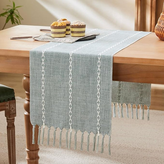 Braided Farmhouse Table Runner,Braided Dusty Blue 13x48 Inch, Cotton Linen Table Runners 48 Inches Long, Embroidered Striped Dusty Blue Boho Table Runner Rustic Home Decor