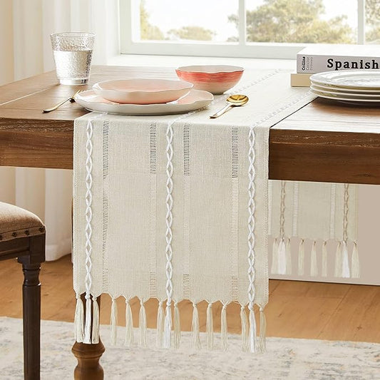 Hemstitched Farmhouse Table Runner, Beige 13x36 Inch, Cotton Linen Table Runners 36 Inches Long, Embroidered Striped Beige Boho Table Runner Rustic Home Decor