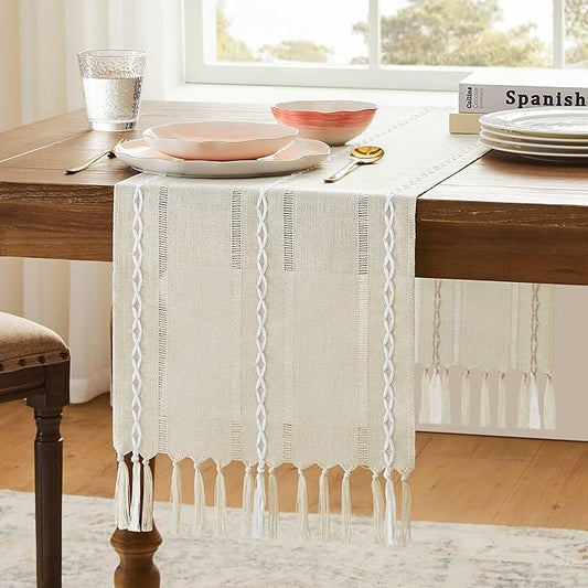 Hemstitched Farmhouse Table Runner, Beige 13x90 Inch, Cotton Linen Table Runners 90 Inches Long, Embroidered Striped Beige Boho Table Runner Rustic Home Decor