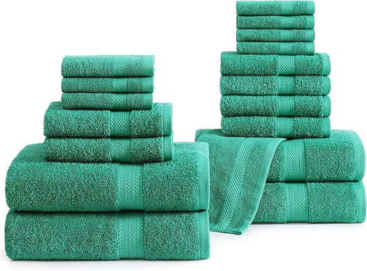 LANE LINEN 100% Cotton 16 Piece Bath Towel Set - Ring Spun, Quick Dry, Super Soft & Highly Absorbent - 4 Bath, 8 Washcloths, 4 Hand Towels for Bathroom - Hotel Quality Bathroom Towel Set - Emerald