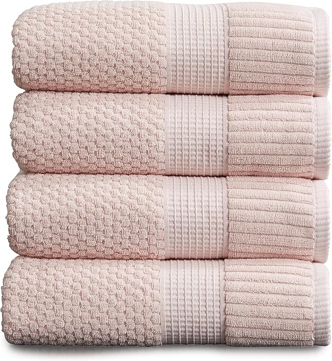NY Loft 100% Cotton Bath Towel 4 Pack | Super Soft & Absorbent Quick-Dry Bath Towels 30" x 52" |Textured and Durable Cotton | Trinity Collection (4 Pack Bath Towel, Light Pink)