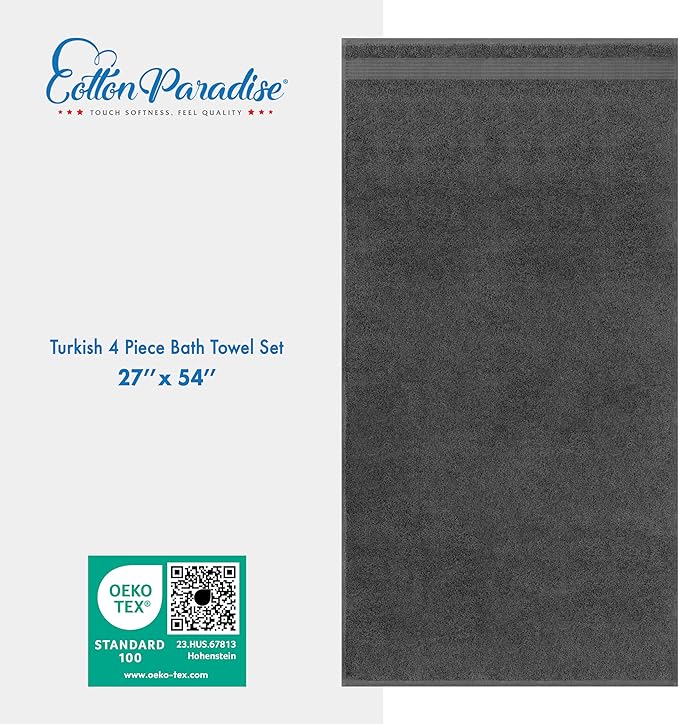 Cotton Paradise 4 Piece Turkish Bath Towels for Bathroom, Extra Large Soft Plush Towels Bathroom Set, Dark Gray