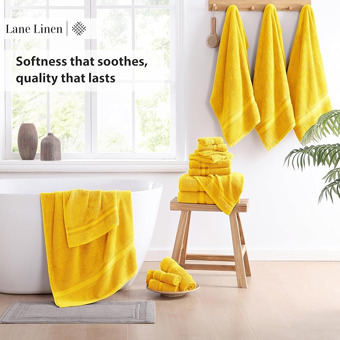 LANE LINEN 18 Pc Bath Towels Set – Ultra Soft 100% Ring-Spun Cotton, 6 Bath, 6 Hand Towel & 6 Wash Cloth, Zero Twist, Quick-Dry, Long-Lasting Comfort & Hotel Quality, Machine Washable – Mimosa