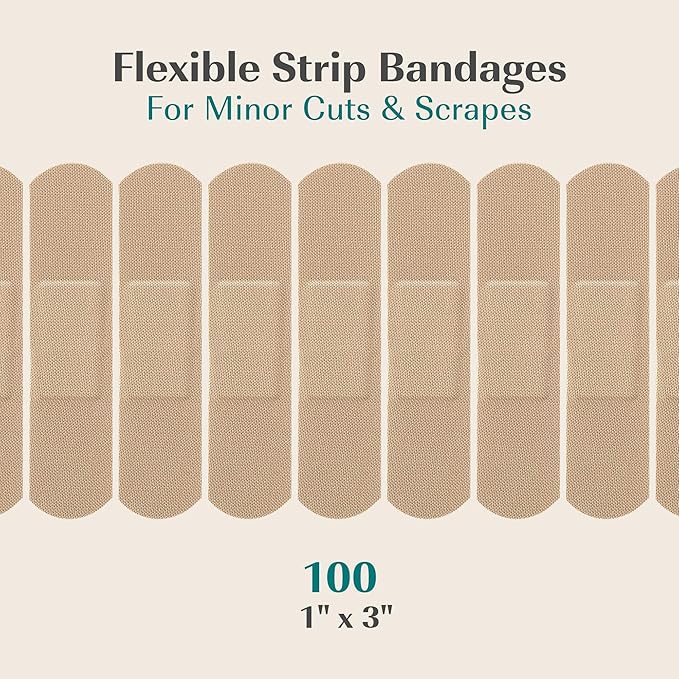 FEBU Bamboo Fabric Bandages | PFAS Free Flexible Fabric Bandages | Latex Free Bandage | Natural Hypoallergenic Bandage for Scrapes, Cuts & First Aid | 1in x 3in | 100 Count Pack