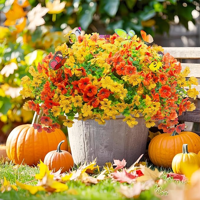 20 Bundles Artificial Flowers for Outdoors‌ with 6 Faux Butterflies, UV Resistant Fake Flowers‌ with Eucalyptus Leaves, Artificial Plants Outdoor‌ for Patio Garden Porch Home Decor (Orange Yellow)