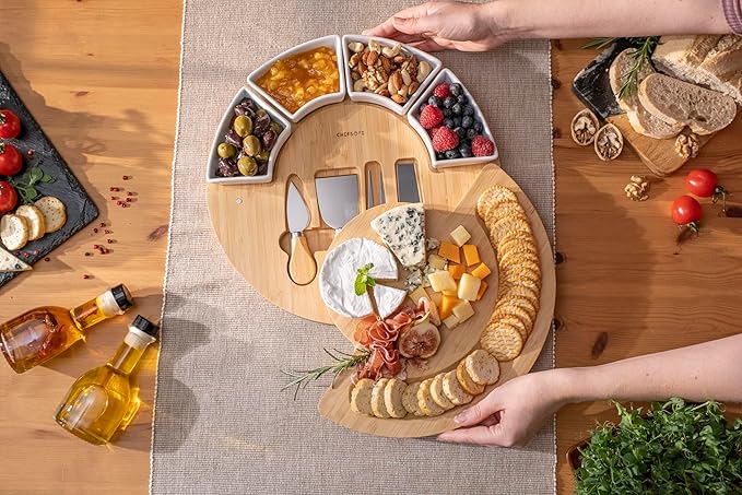 ChefSofi Charcuterie Board Set and Cheese Serving Platter - Made from Bamboo Wood - US Patented 13 inch Cheese Board and Knife Set for Entertaining and Serving - 4 Knives and 4 Bowls