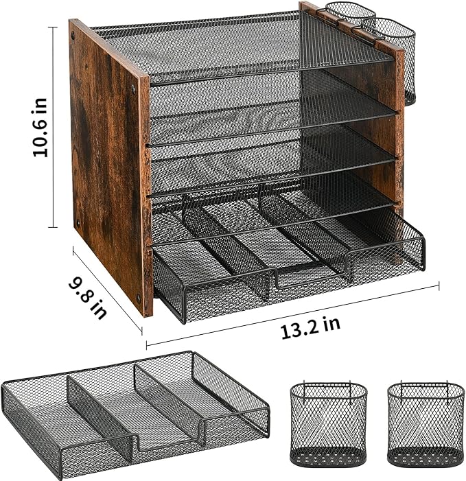 OPNCIE Desk Organizer and Accessories, 5-Tier Paper Letter Tray File Organizer with Drawer & 2 Pen Holder, Office Desk Accessories Workspace Desktop Organizer for Office Supplies(Brown)
