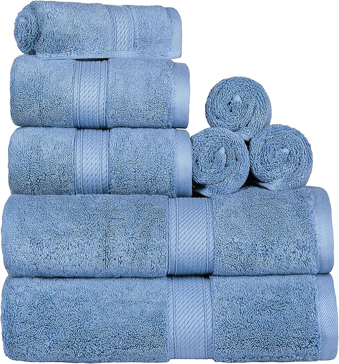BLUENILEMILLS Madison Egyptian Cotton Towels, Towel Set for Bathroom, Shower, Hotel, Plush, 900 GSM, Highly Absorbent and Ultra-Soft Towels, Bath Essentials, 8 Piece Assorted Towel Set, Denim Blue